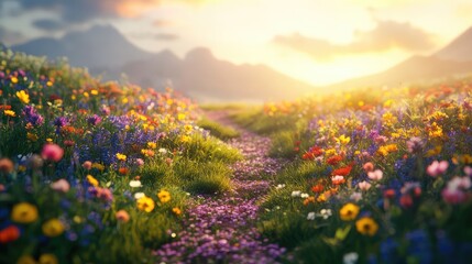 A pathway cuts through vibrant fields of wildflowers, bathed in the soft, fading light of the setting sun, creating a peaceful and serene atmosphere