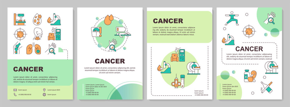 Cancer green circle brochure template. Symptoms and treatment. Leaflet design with linear icons. Editable 4 vector layouts for presentation, annual reports. Arial-Black, Myriad Pro-Regular fonts used