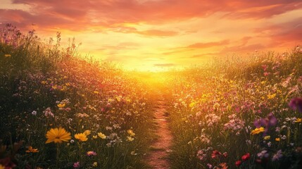 A pathway through a field of flowers at sunset, with the sky painted in hues of orange and pink, and a calm, peaceful atmosphere surrounding the scene