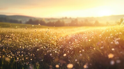 A peaceful walk through meadows in full bloom at sunset, with the horizon glowing in soft pastels and the flowers gently swaying in the evening breeze
