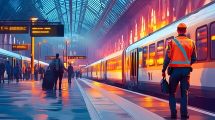 Train Station Security Officer Patrolling and Assisting Passengers