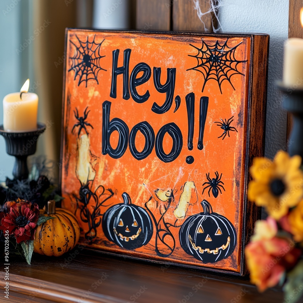 Poster A festive Halloween decoration featuring pumpkins, spiders, and a playful greeting.