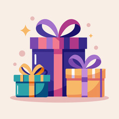 Vector illustration of holiday gifts, boxes with bows, bright flowers