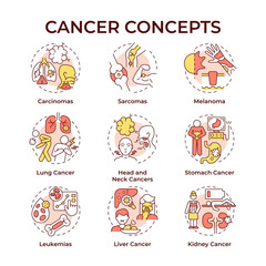 Cancer multi color concept icons. Carcinoma and sarcoma. Oncology diagnostics. Prevention and treatment. Healthcare. Icon pack. Vector images. Round shape illustrations. Abstract idea