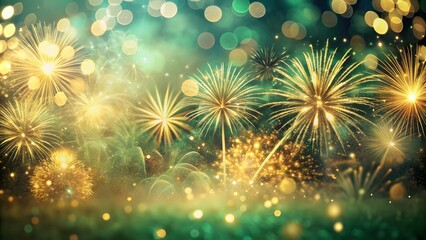 Vintage gold and green Fireworks and bokeh on New Year's Eve and copy space. Abstract background holiday. Festive background with golden particles on dark surface Abstract holiday backdrop