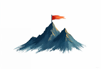 Simple icon of a mountain peak with a flag Against white plain background