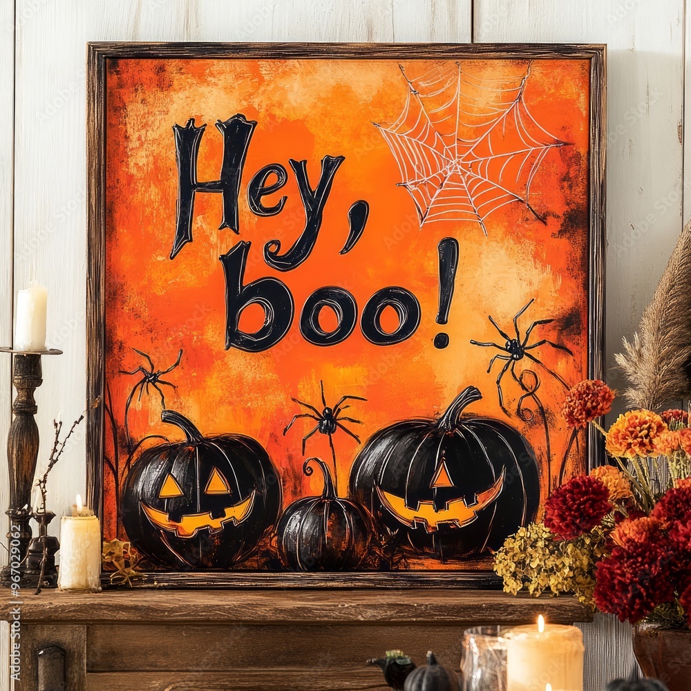 Canvas Prints A festive Halloween-themed artwork featuring pumpkins, spider webs, and a playful greeting.