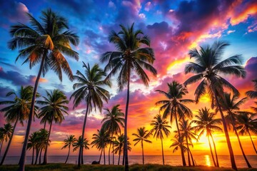 Naklejka premium Tropical sunset landscape with palm trees from a low angle view