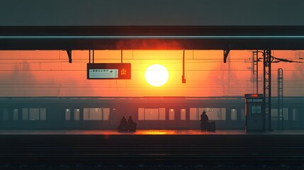 Serene Early Morning at the Train Station with Sleepy Passengers and Soft Sunrise Glow