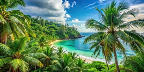 Fototapeta premium Tropical vacation background with green palm trees and jungle