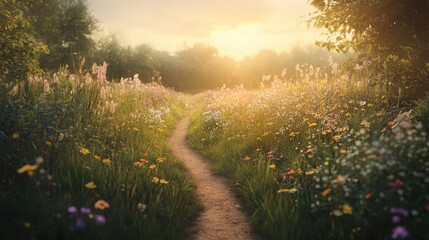Obraz premium A tranquil sunset over a meadow filled with wildflowers, with a narrow pathway leading through the blooming landscape under the soft, golden light