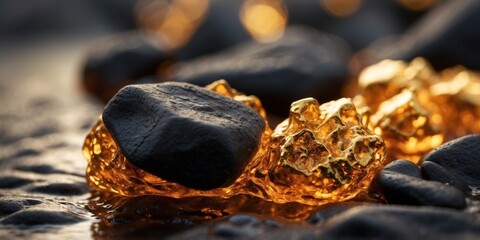 A landscape of jagged, black rocks with rivers of molten gold flowing between them.
