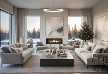 Fototapeta premium A modern and luxurious living room with a large fireplace, gray sofas, and a large abstract painting on the wall. The room has large windows.