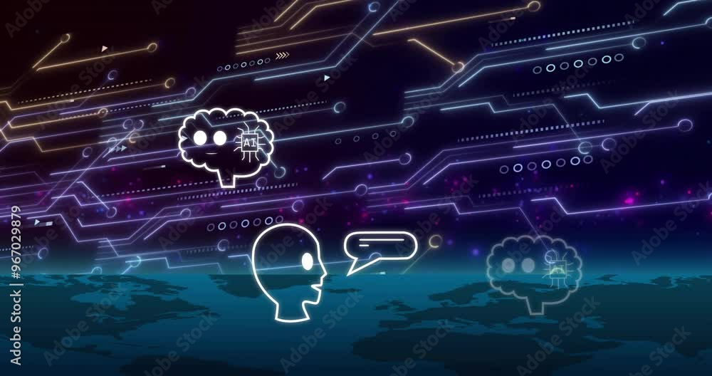 Poster animation of digital data processing and ai chat bots over dark background