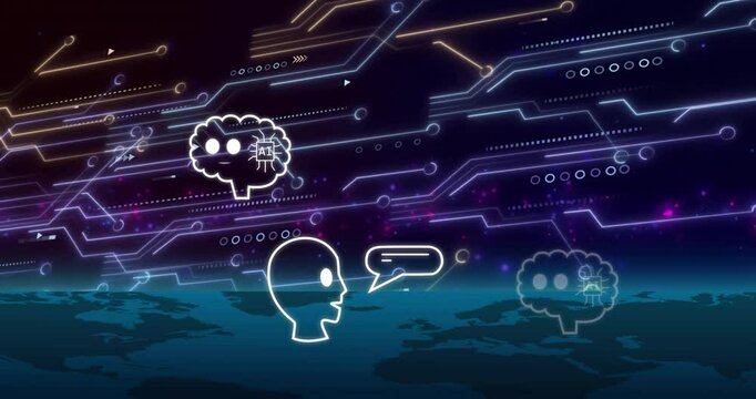 Animation of digital data processing and ai chat bots over dark background