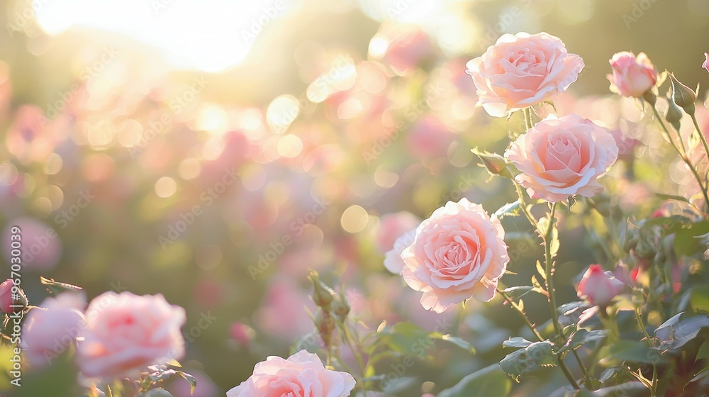 Wall mural A field of pink roses bathed in golden sunlight.