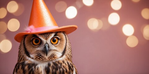 Cute owl wearing party hat in pink and orange background.