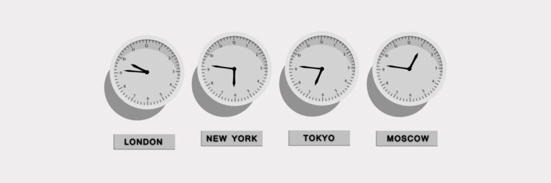 Set of vintage retro 3d wall clock for time zones different cities, London, Moscow, Paris and Hong Kong. Vector illustration. Business metal watch face icon