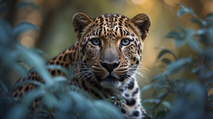 Fototapeta premium Leopard peering through exotic blue foliage.