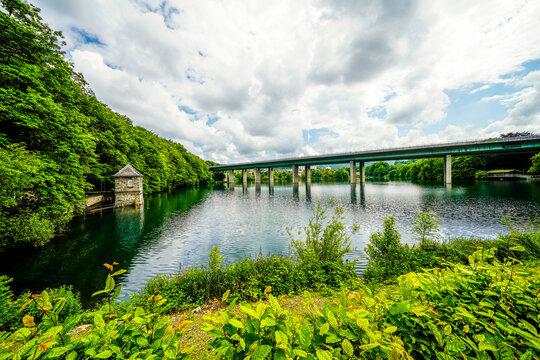 View of nature and the Seilersee near Iserlohn with the A46 bridge. Callerbachtalsperre with the surrounding landscape.
