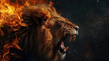 Majestic lion roaring amidst fire, portrait on a black background, ideal for wildlife themes.
