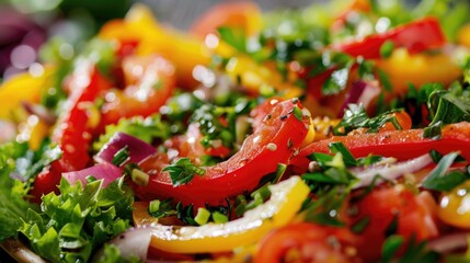 Fresh and colorful salad with vibrant vegetables and a flavorful dressing highlighting healthy eating choices.
