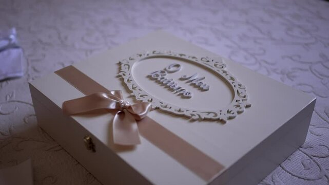 Elegant white box with a ribbon, engraved "O Meu Batismo" on top
