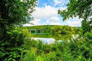 View of nature and the Seilersee near Iserlohn with the A46 bridge. Callerbachtalsperre with the...