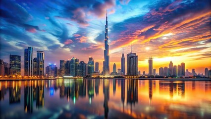 Fototapeta premium Twilight scene of Dubai skyline in watercolor painting