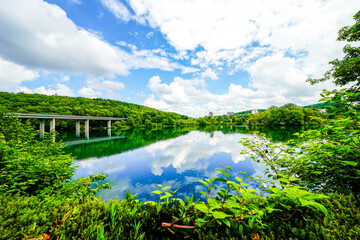View of nature and the Seilersee near Iserlohn with the A46 bridge. Callerbachtalsperre with the surrounding landscape.
