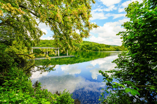 View of nature and the Seilersee near Iserlohn with the A46 bridge. Callerbachtalsperre with the surrounding landscape.
