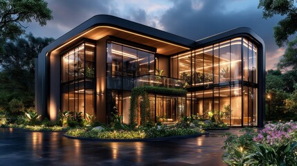 Modern Glass and Wood House with Illuminated Garden at Night