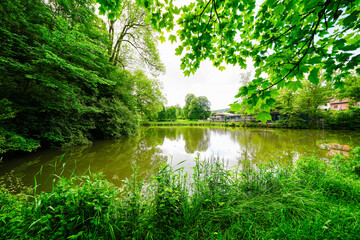 Fototapeta premium View of the pond and the surrounding nature in the Wallenstein district in the northern Hesse municipality of Knüllwald. 