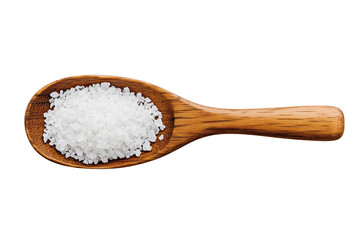 Coarse salt in wooden spoon isolated on white transparent background. Concept of cooking ingredients and seasoning essentials