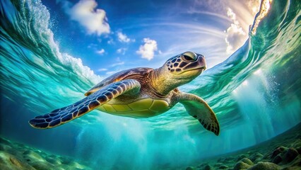 Obraz premium Underwater perspective of a green sea turtle swimming through ocean waves