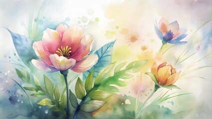 Water color ink painting with spring bright color flowers and leaves, Abstract background. Green watercolor foliage abstract background. . spring eco-nature