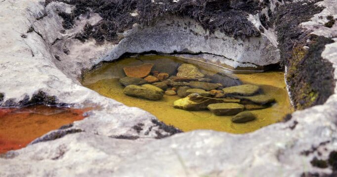 low angle mid shot of limestone Swiss cheese holes with water and gravel inside. On the river ure at the lower falls at Aysgarth falls, Yorkshire dales