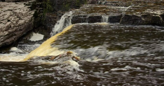side shot of the river ure going over the lower falls at Aysgarth falls on the river ure, Yorkshire dales