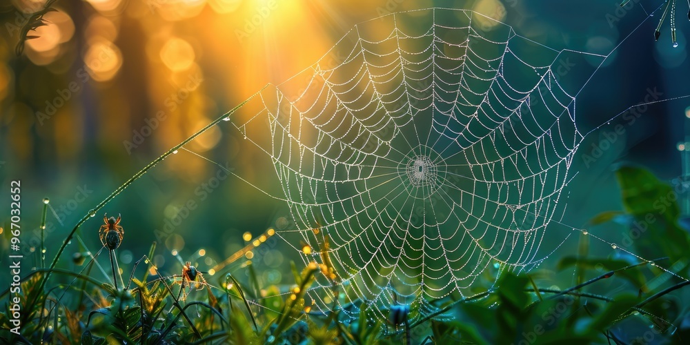 Poster spider web in the forest at dawn an insect trap woven by a beautiful spider resembling an intricate 