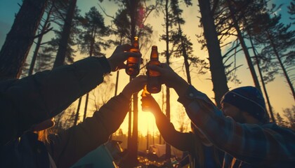 Cheers to Summer: Friends Toasting Beers Under the Open Sky on a Camping Getaway