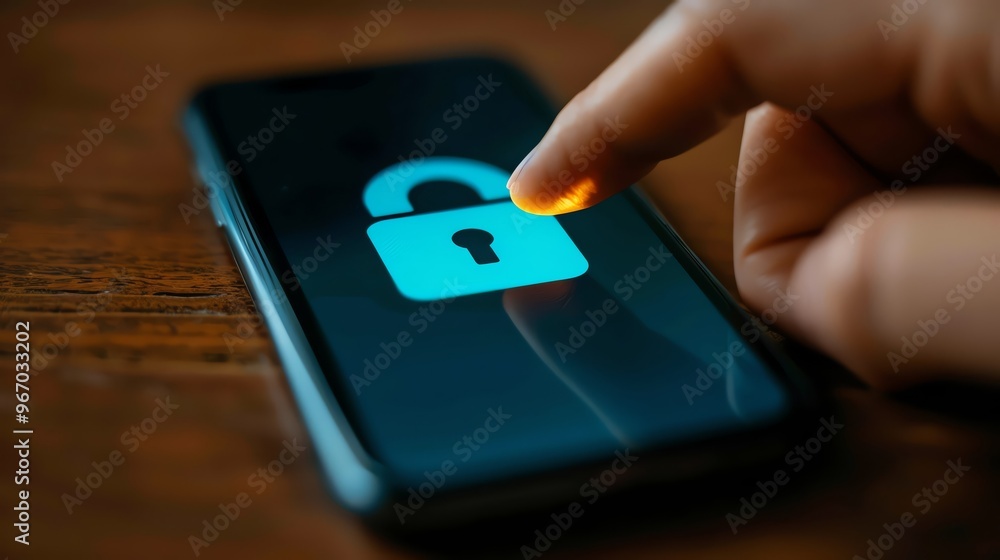 Poster A close-up image of a smartphone screen showing a digital lock being activated by a finger, representing security and privacy.