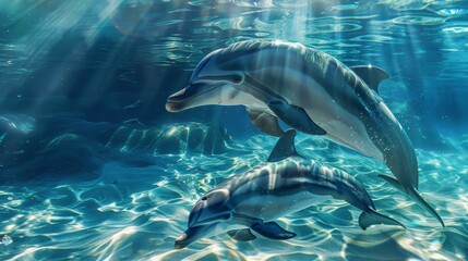 Naklejka premium Graceful mother dolphin and calf navigating deep blue waters with enchanting light patterns