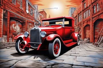 Classic car parked in the mountains in the morning. 3d render and illustration.