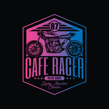 Cafe racer custom motorcycle. Original vector illustration in vintage style isolated on black background. T-shirt design.