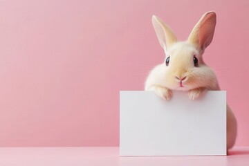 Obraz premium A rabbit holding a blank sign in front of a background