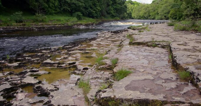 wide shot looking up the river ure with some Swiss cheese limestone holes left of frame at the lower falls at Aysgarth falls, Yorkshire dales