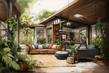 Naklejka premium Close up of chess board table or picnic table in park. Empty wooden table with chairs in summer park.