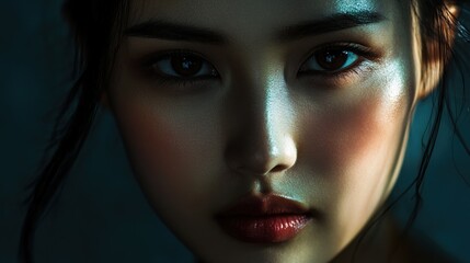 Close-up Portrait of a Young Woman with Shimmering Skin and Dark Eyes