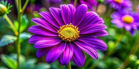 Obraz premium Rich, velvety purple petals surround a radiant yellow center, welcoming summer's warmth in a lush, verdant landscape.