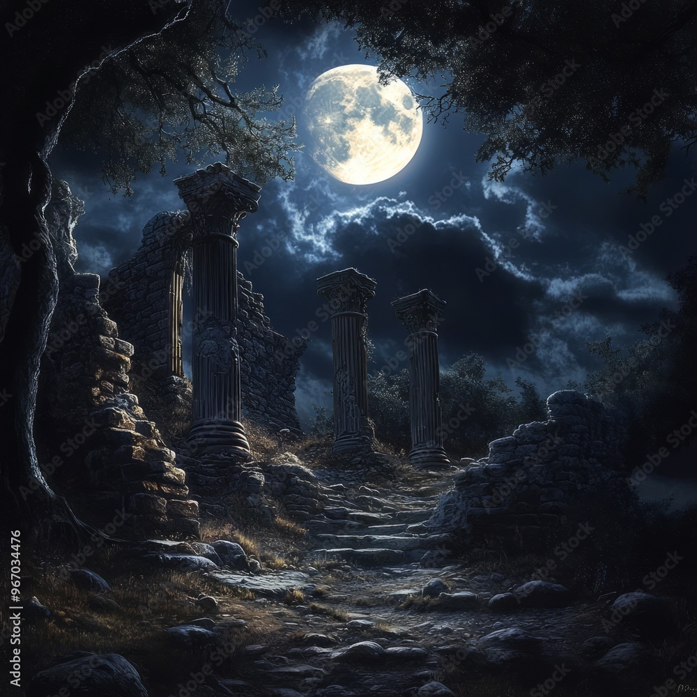 Poster A full moon shines brightly over a path leading to ancient ruins, casting long shadows over the landscape.